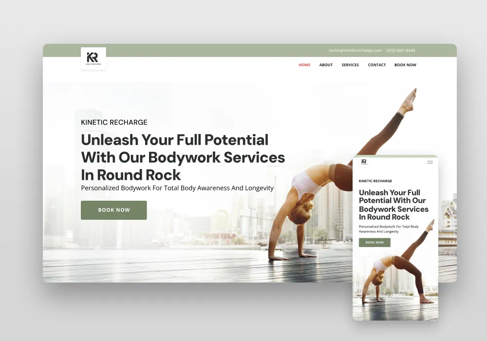 Website homepage showing a woman in athletic wear performing a handstand with one leg extended, promoting bodywork services in Round Rock with a book now button.