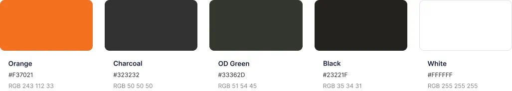 Adrenaline Offroad Co. brand color palette, orange and charcoal