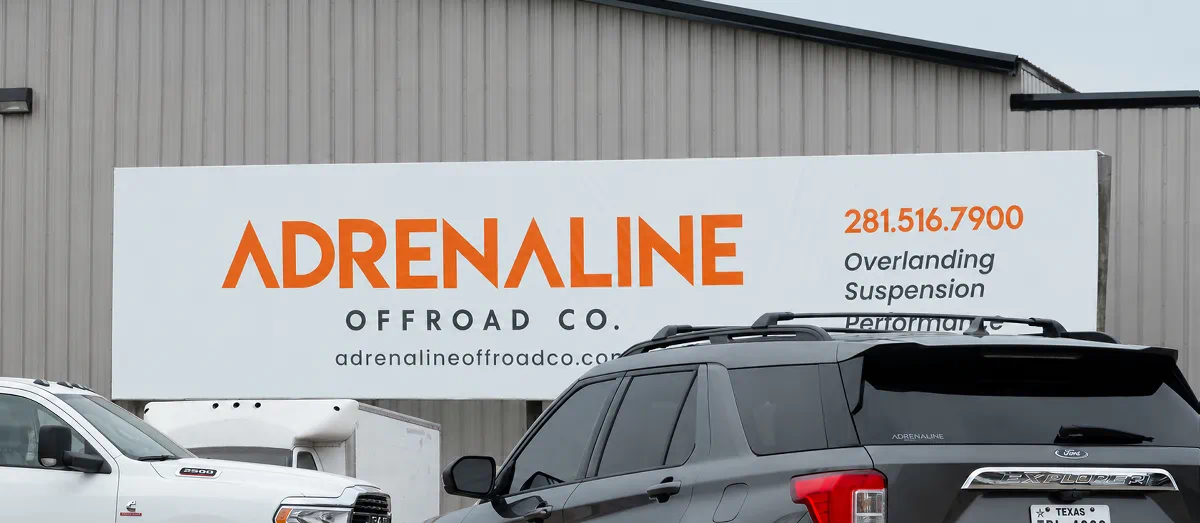 Adrenaline Offroad Co. sign on the shop frontage, Houston
