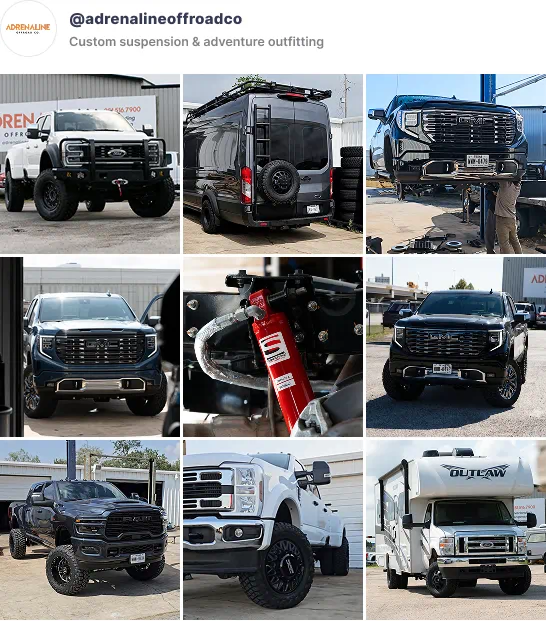 Adrenaline Offroad Co. Instagram grid of customer builds