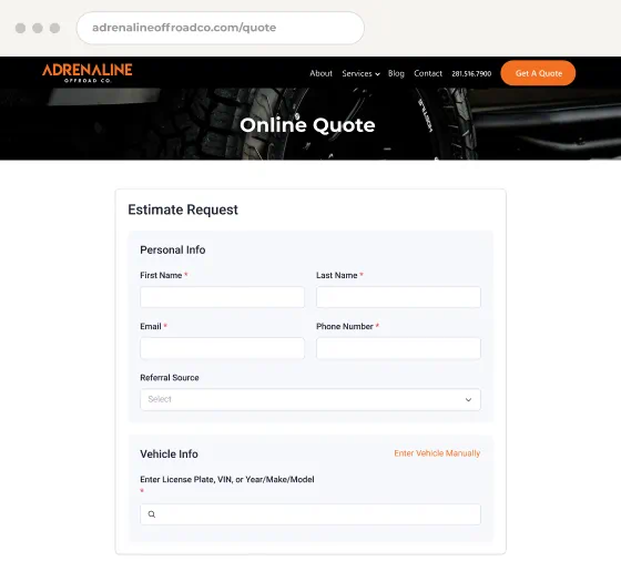 Adrenaline Offroad Co. online quote form