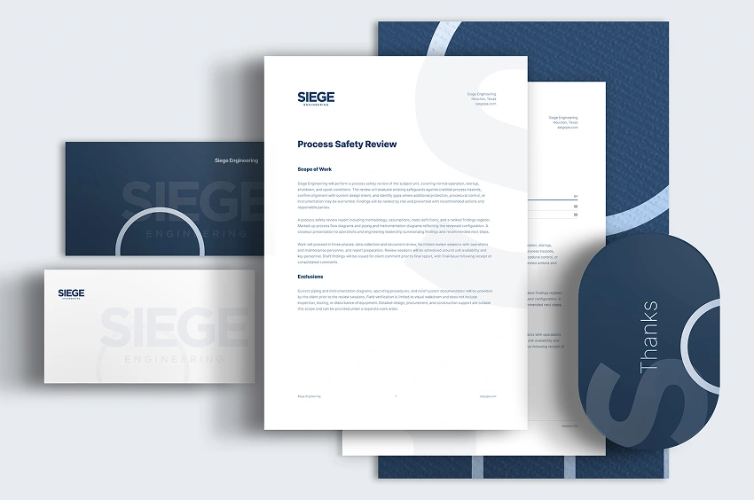 Siege Engineering stationery set, letterhead, folder and business cards.
