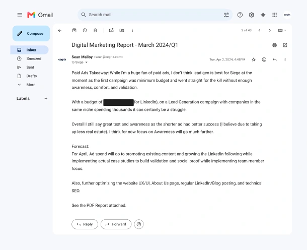 Monthly report email from Cegrix to Siege, March 2024, spend figure redacted.