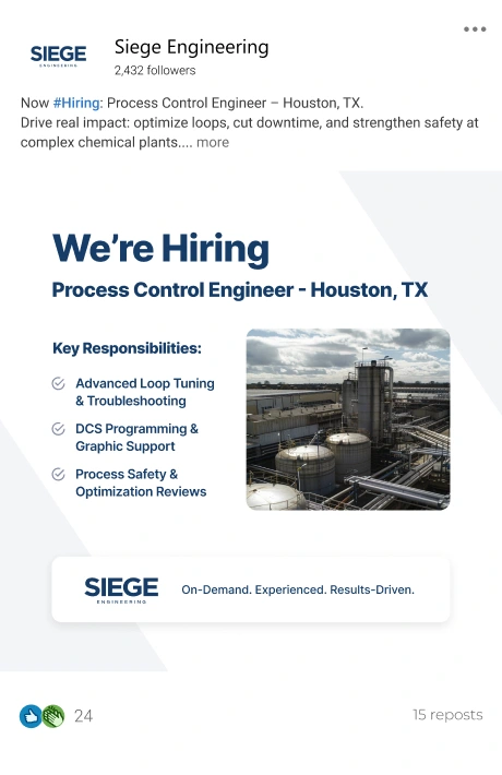 Siege Engineering LinkedIn post: hiring a process control engineer in Houston.
