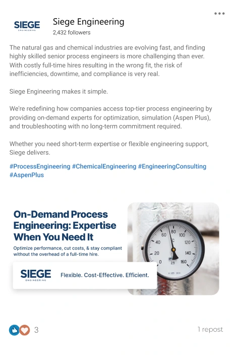 Siege Engineering LinkedIn post: on demand process engineering expertise.
