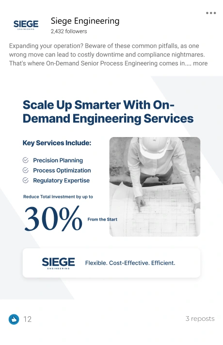 Siege Engineering LinkedIn post: scale up smarter with on demand engineering services.
