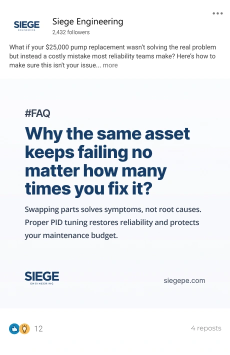 Siege Engineering LinkedIn post: why the same asset keeps failing after repeated repairs.