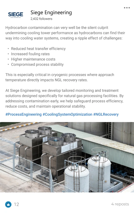 Siege Engineering LinkedIn post on hydrocarbon contamination.