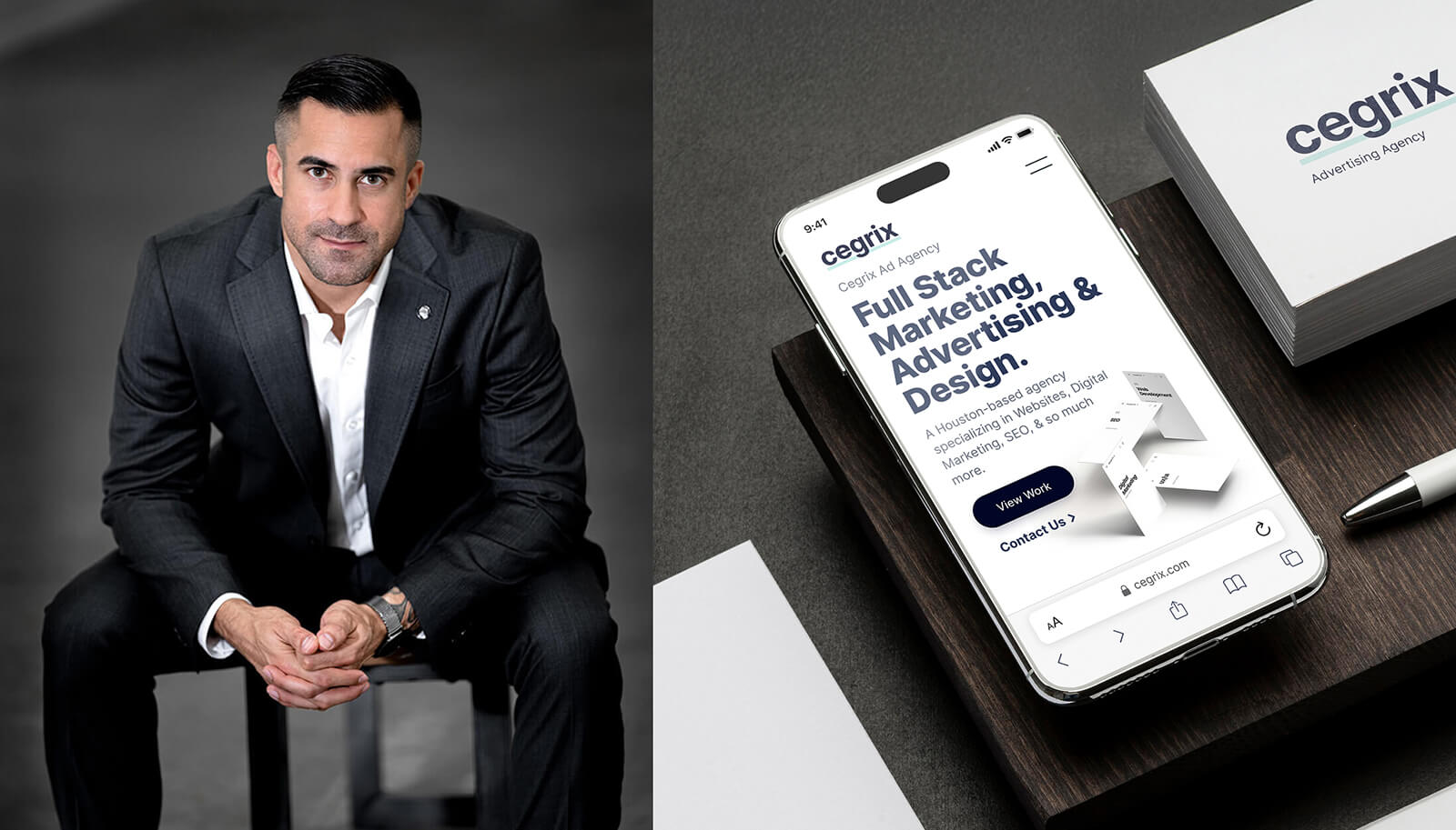 Cegrix founder Sean Malloy in a professional portrait alongside a mockup of the Cegrix Ad Agency website displayed on a smartphone, with branded business cards and stationery.
