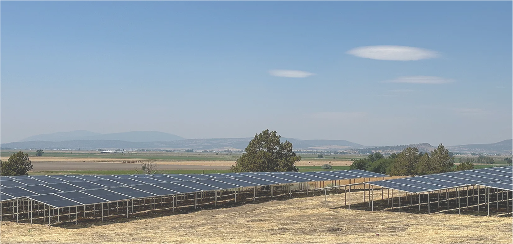 Rows of solar panels installed on farmland under a clear sky.