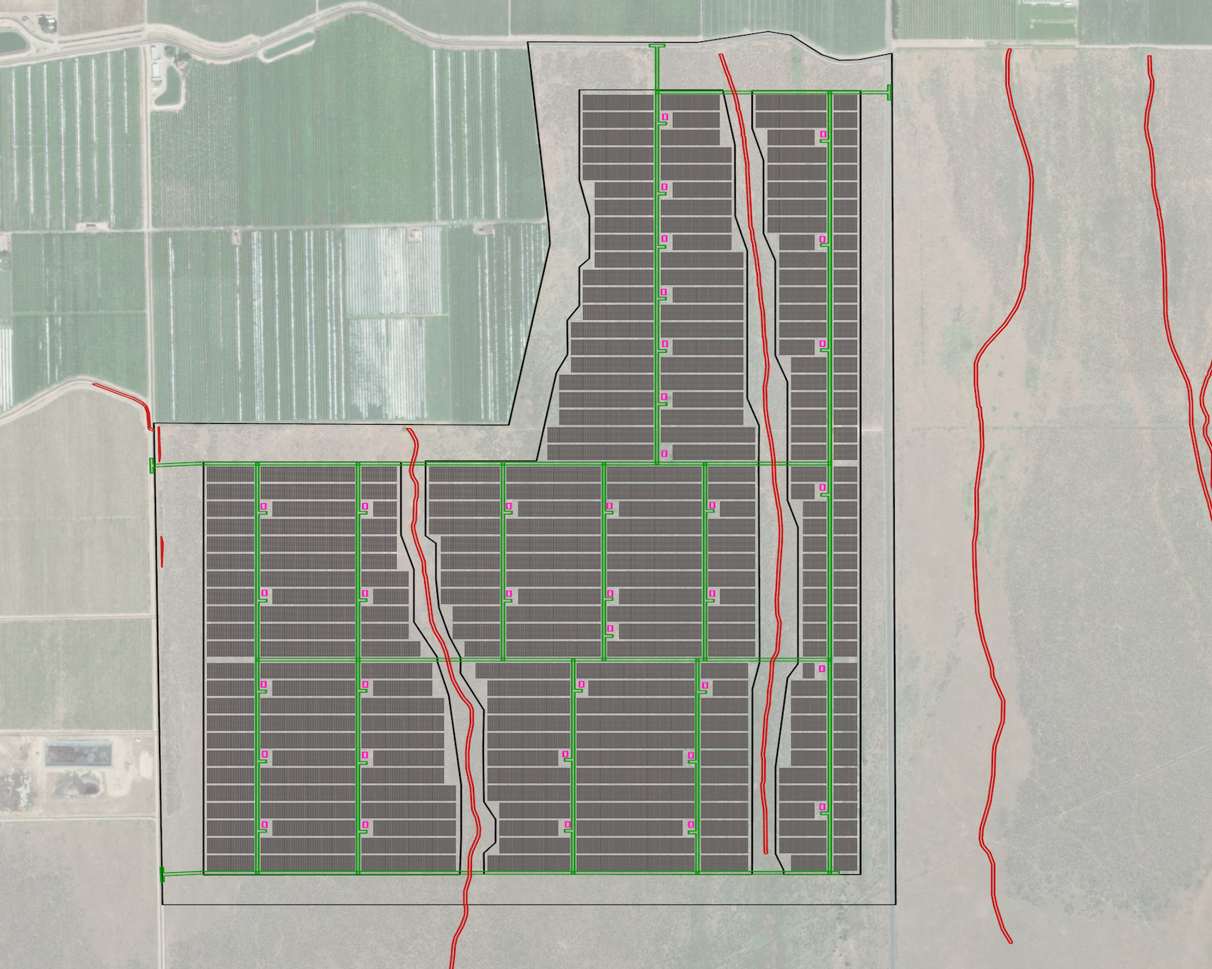 High-density solar site plan showing Planted Solar’s terrain-following array layout for a hyperscale data center, boosting capacity without expanding land use.
