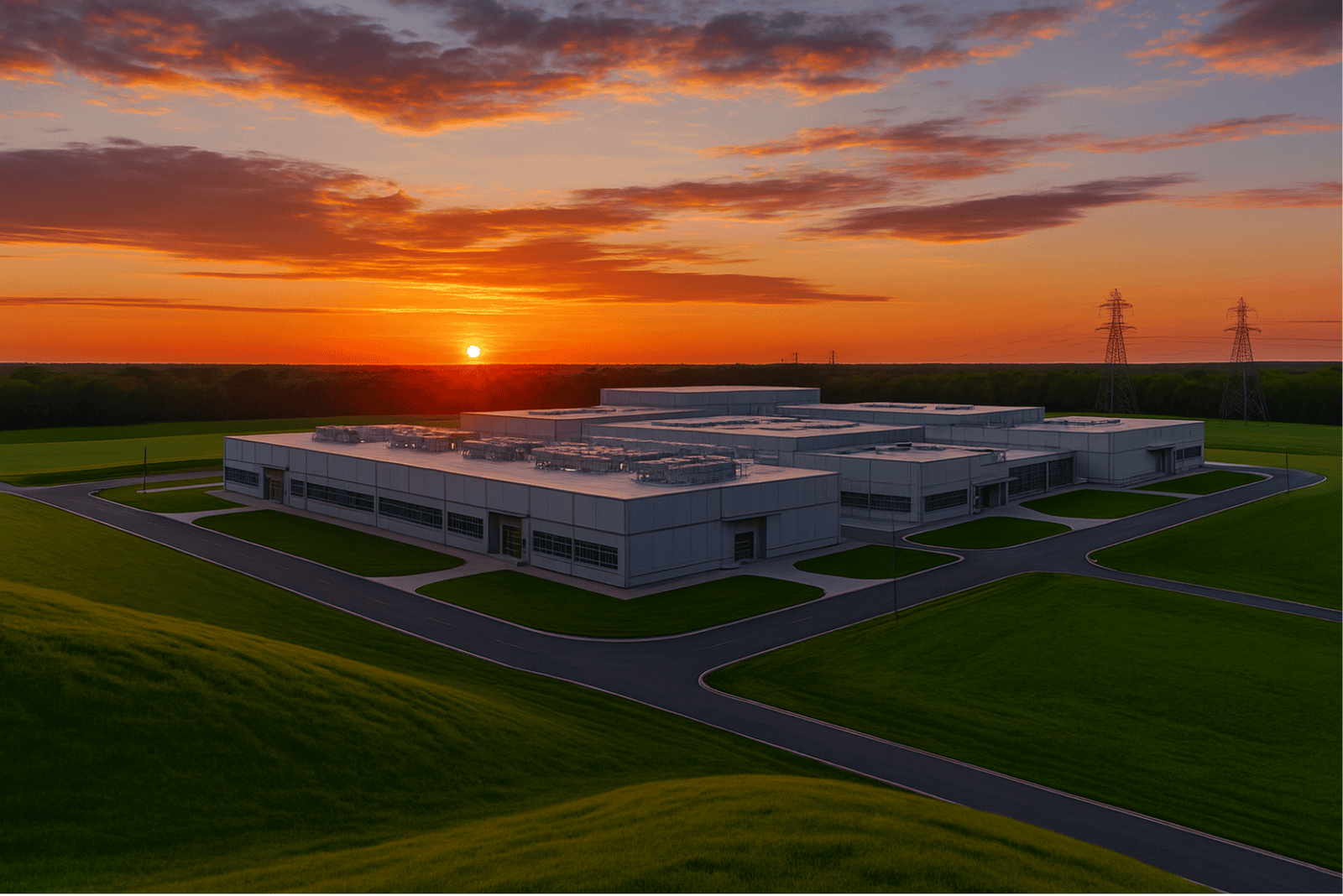 Modern data center campus at sunset with power lines in the background, highlighting rising energy demand and the need for clean power solutions.