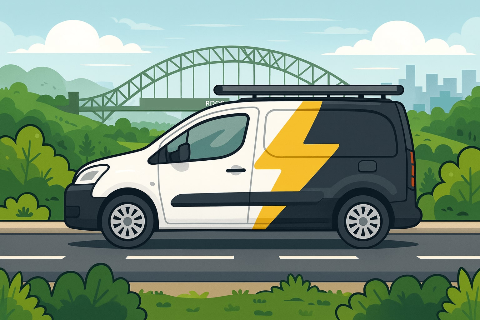Side view of a white and black electric delivery van with a yellow lightning bolt symbol, parked on a road with greenery and a city bridge in the background.