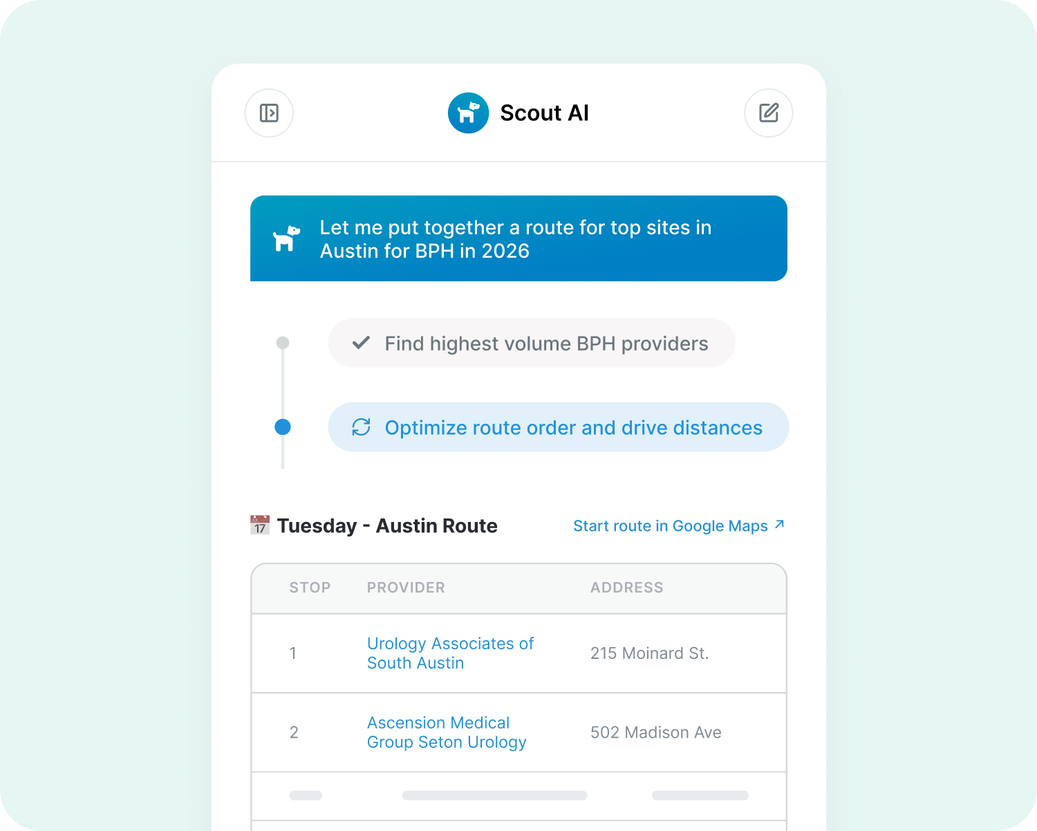 Scout AI answering a question about providers inside MedScout