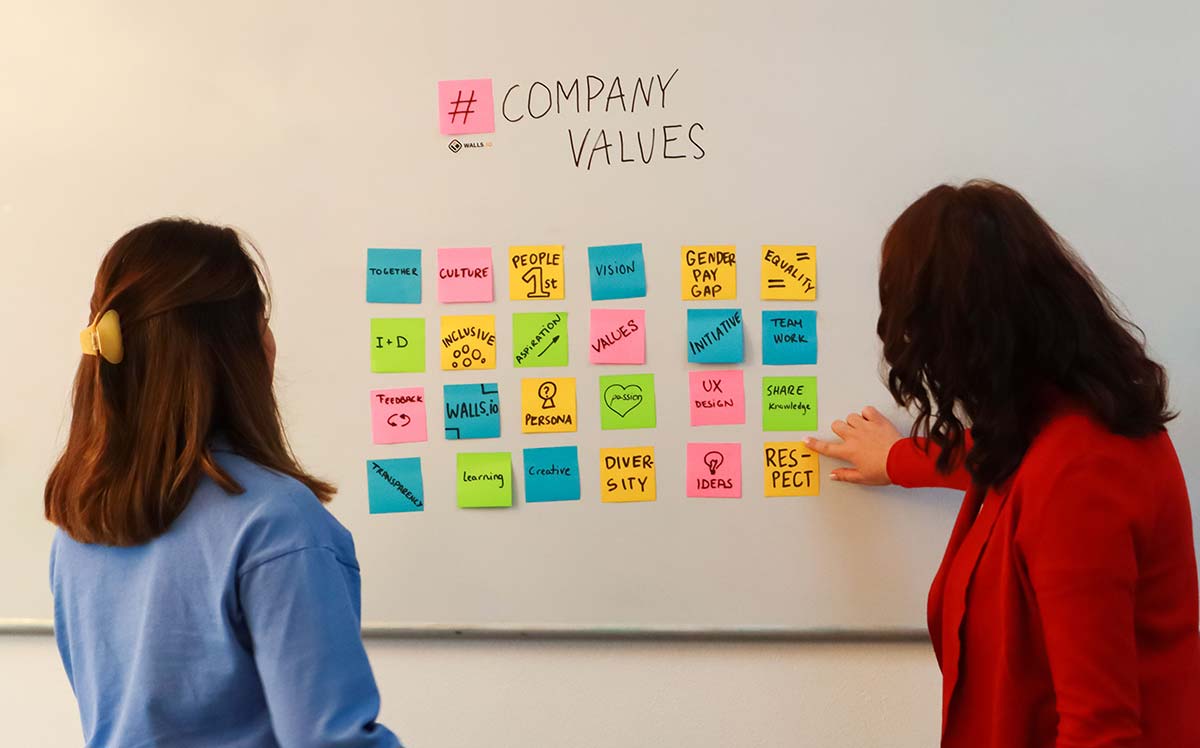 Two women reviewing colorful sticky notes on a whiteboard labeled company values.
