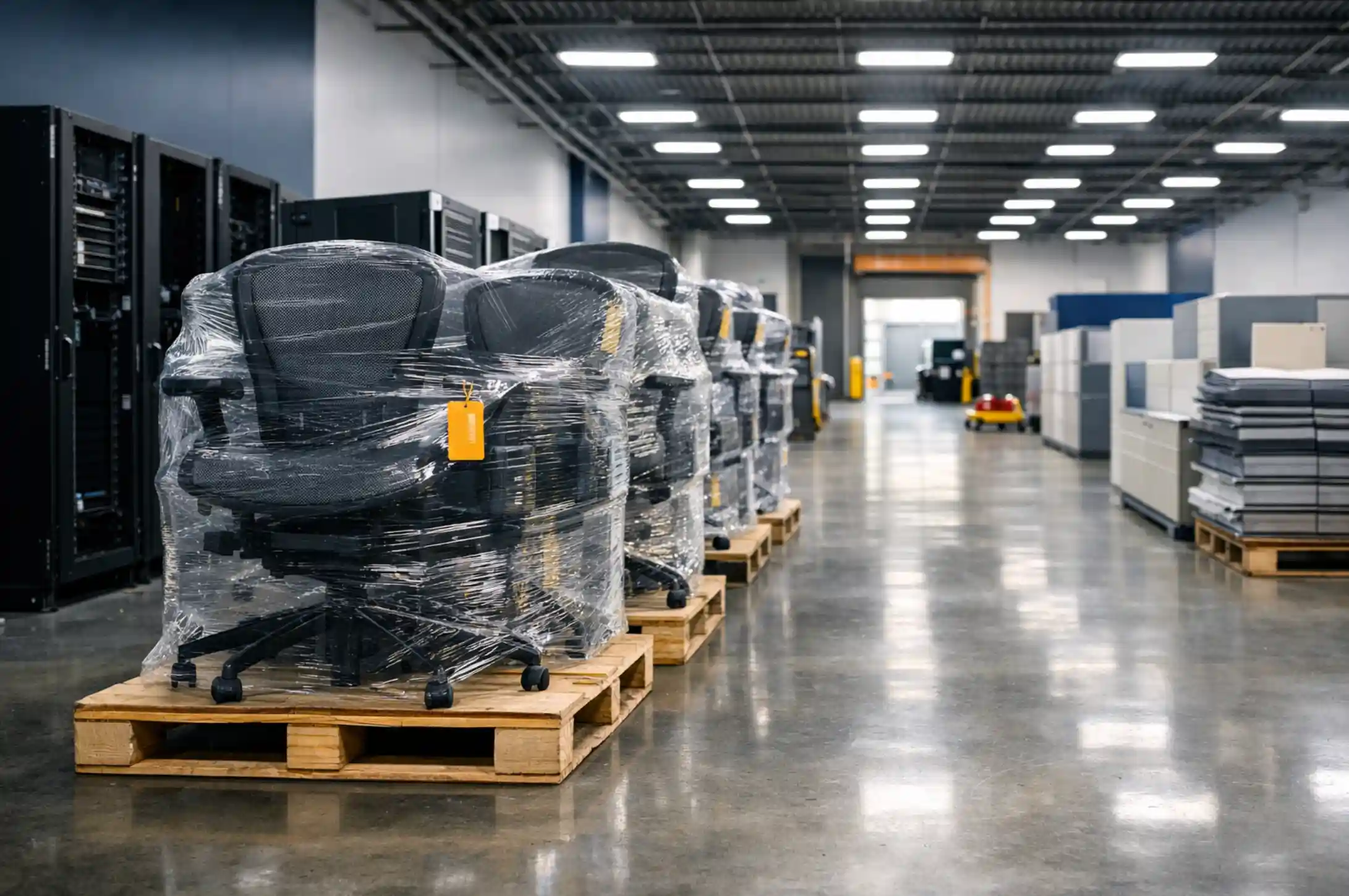 Wrapped office chairs stacked in a warehouse ready for commercial liquidation in Toronto