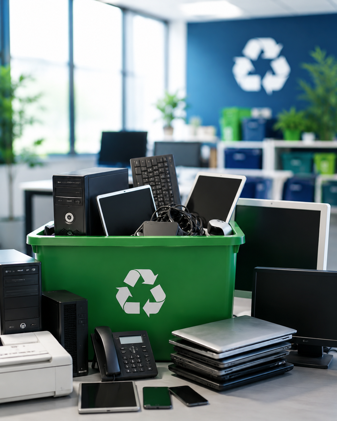 Recycling bin with electronic waste inside of it.