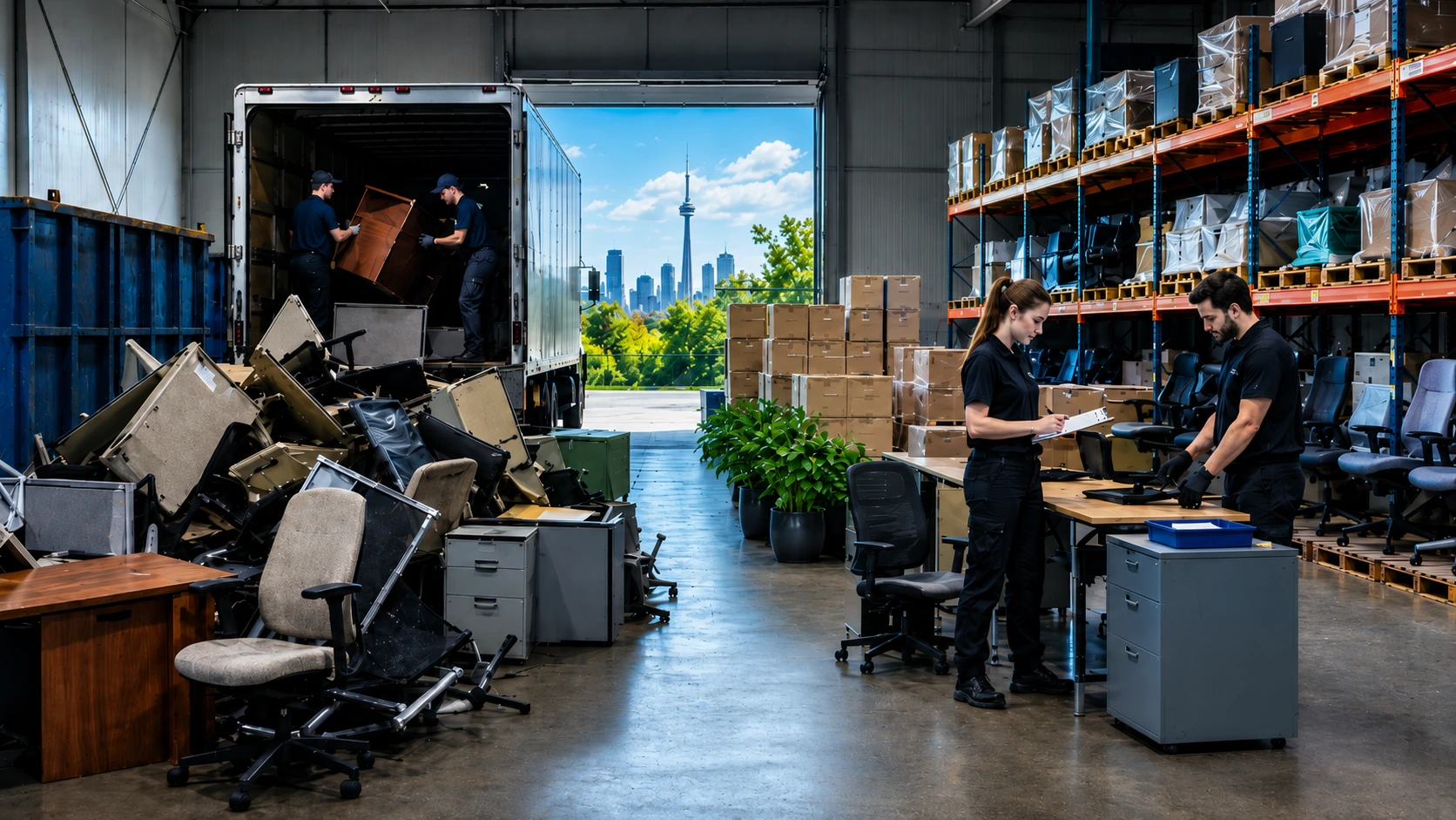 Truck loaded with office furniture at a Toronto loading dock for commercial waste disposal.