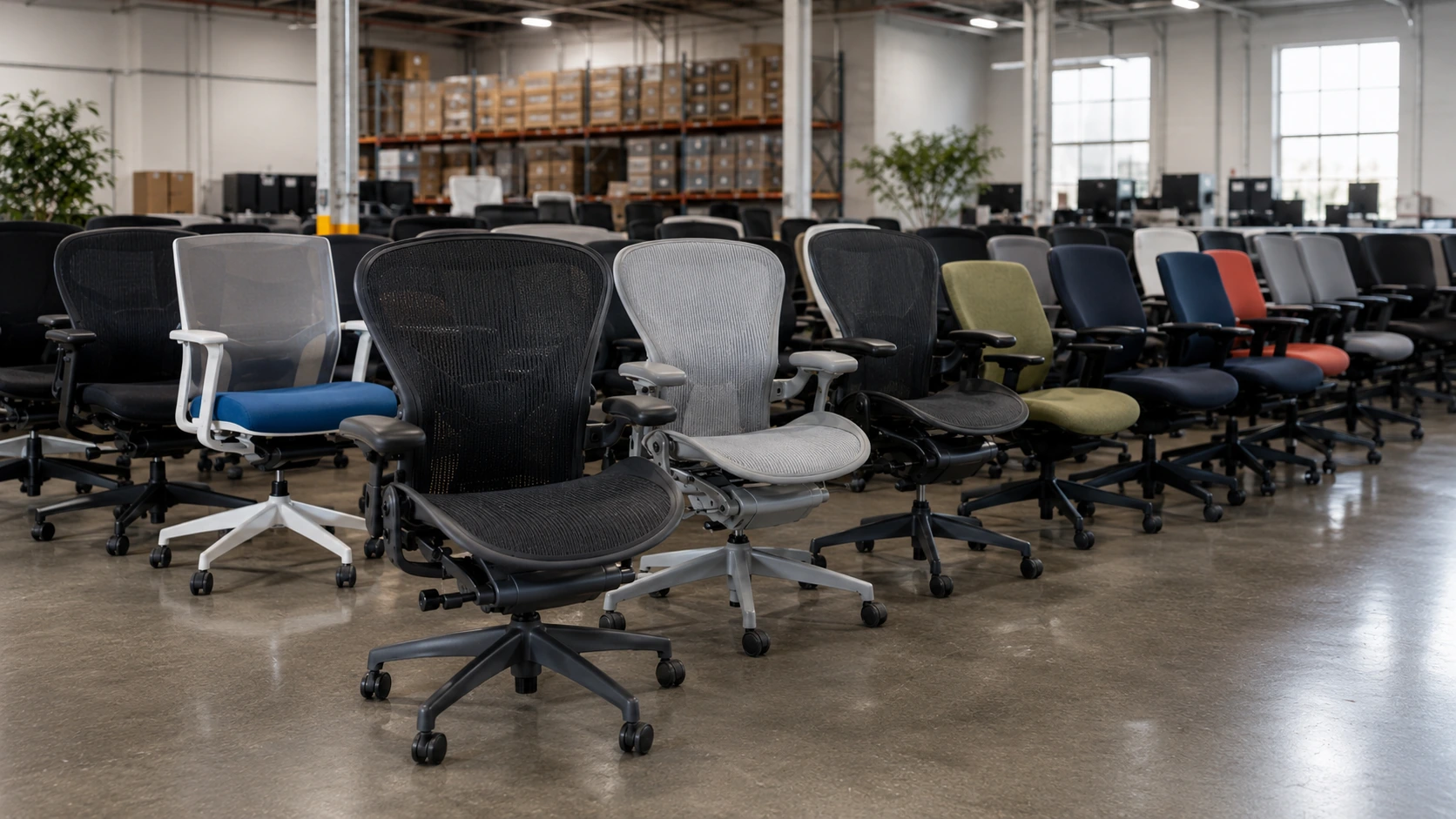 Used premium task chairs and sit-stand desks staged on a warehouse floor for resale during a Toronto office furniture liquidation.