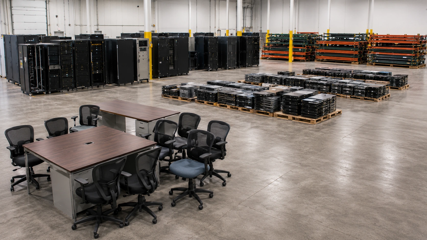 Mixed inventory of office workstations, server racks, and pallet racking organized in a Toronto warehouse for asset-type pricing assessment.