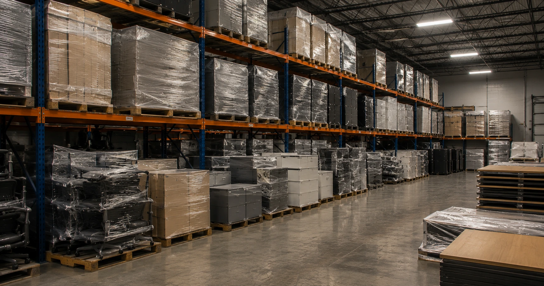 Wrapped office furniture and pallets stored in a Toronto commercial warehouse during an extended office decommissioning.