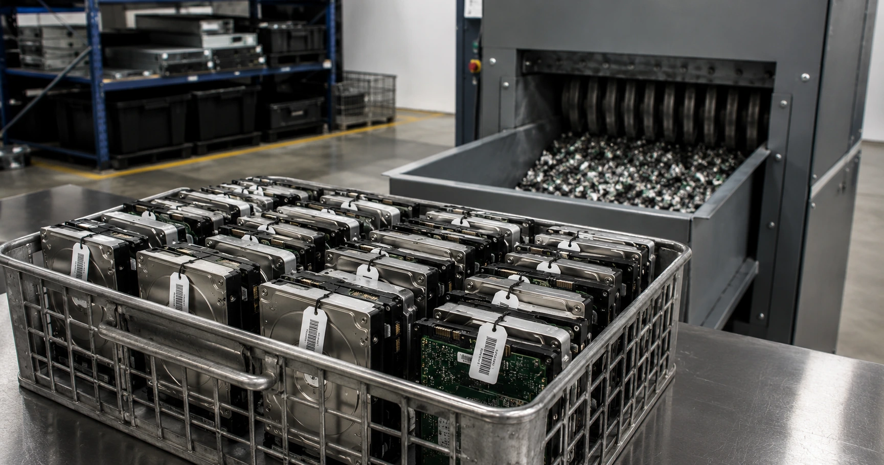 Hard drives and storage media being prepared for NIST 800-88 certified data destruction during a Toronto IT asset disposition project.