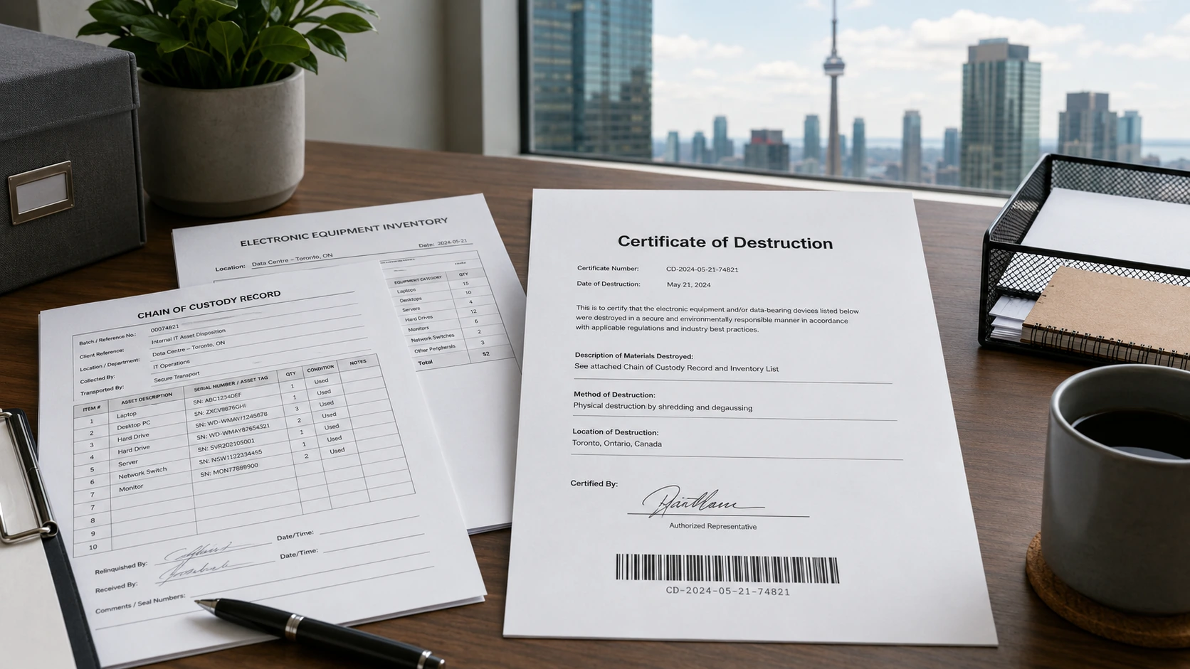 Stack of Certificates of Destruction and chain-of-custody documents on a Toronto office desk during a compliance audit review.