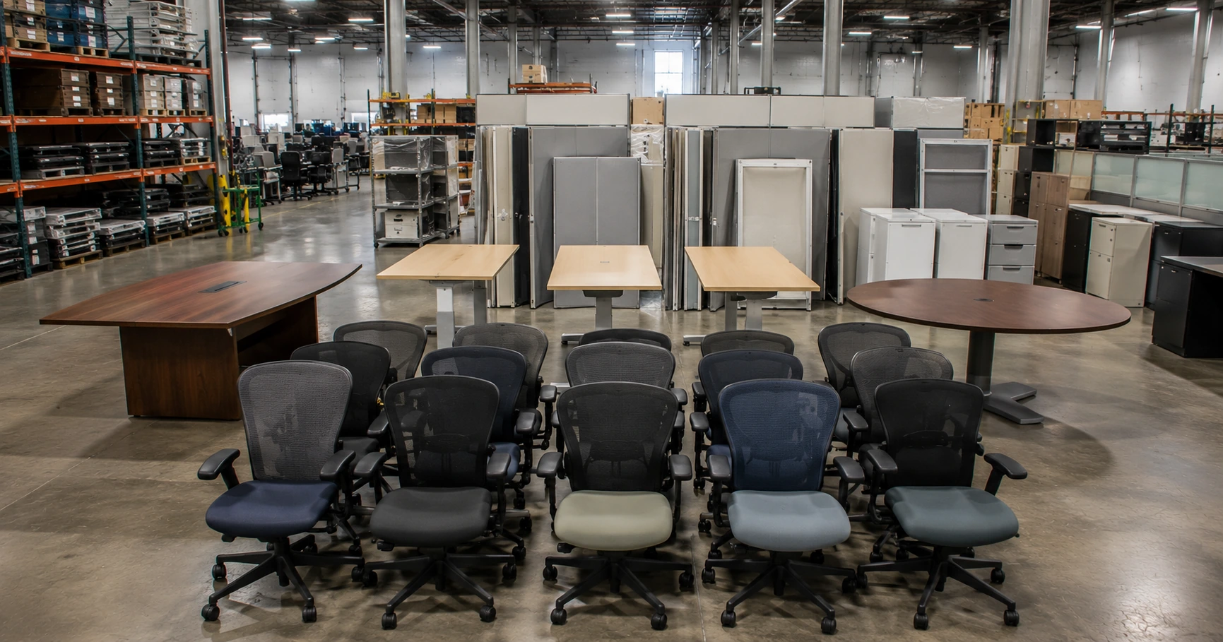 Mixed staged office workstations, chairs, and meeting-room furniture organized in a Toronto liquidation warehouse for resale and donation routing.