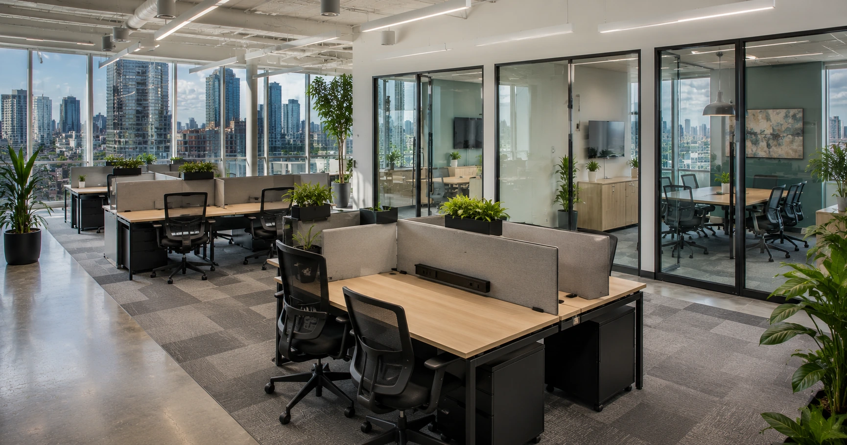 Redesigned hybrid-work Toronto office with hot-desk pods and small collaboration rooms after a commercial furniture right-sizing.
