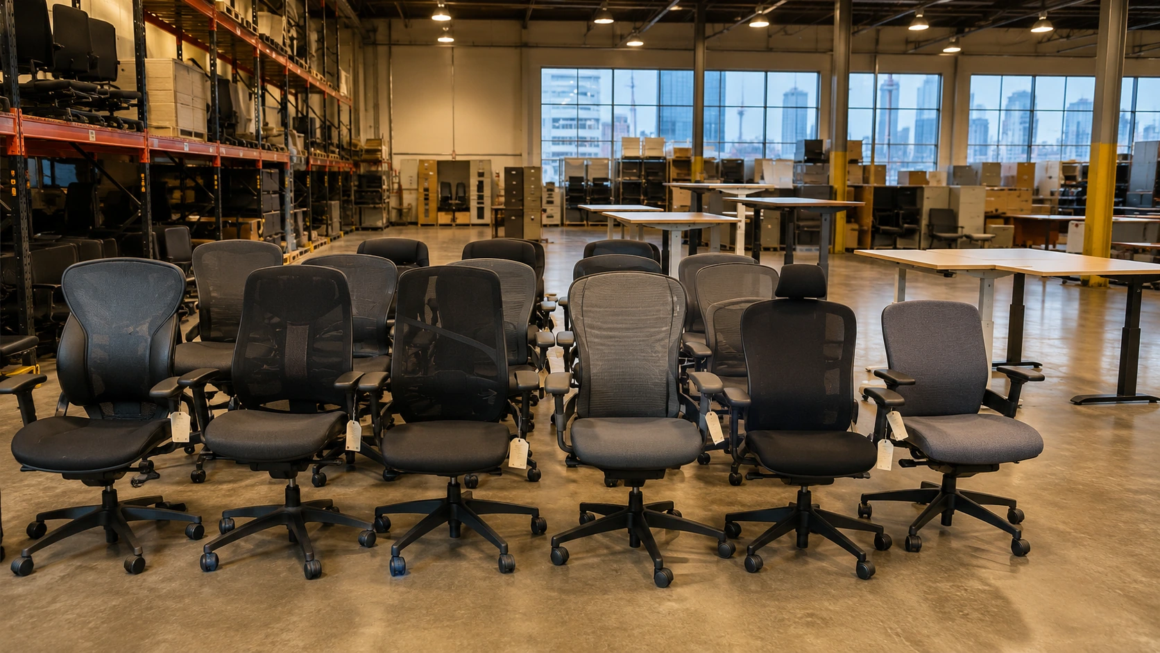 Used premium task chairs and sit-stand desks staged on a warehouse floor for resale during a Toronto office furniture liquidation.
