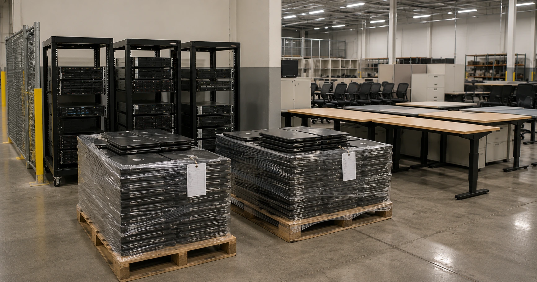 Pallets of laptops, desktops, and server hardware staged separately from office furniture in a Toronto secure facility for certified IT asset disposition.