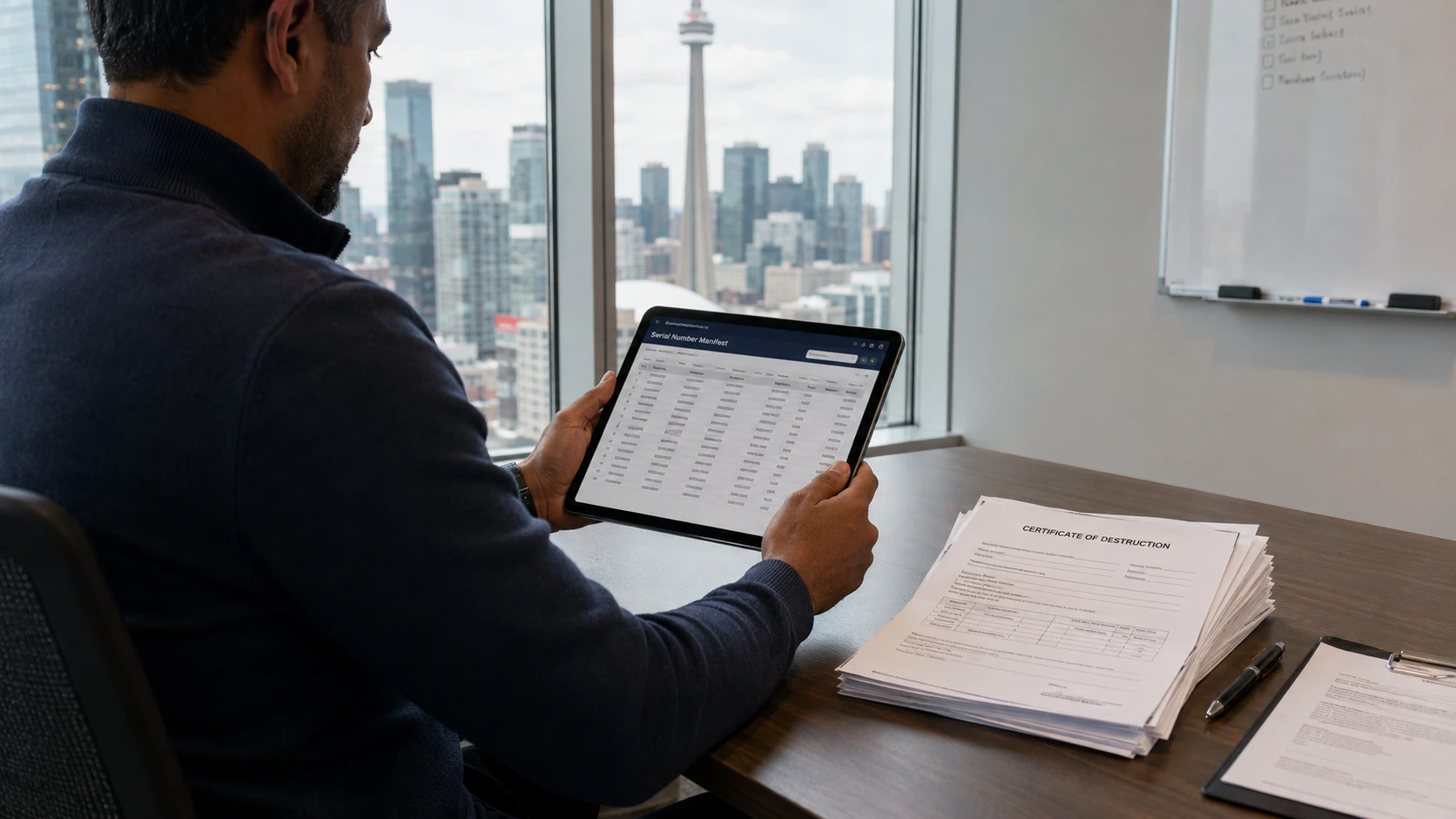 Project manager reviewing serial-number manifest and Certificates of Destruction on a tablet during a Toronto IT asset disposition walkthrough.