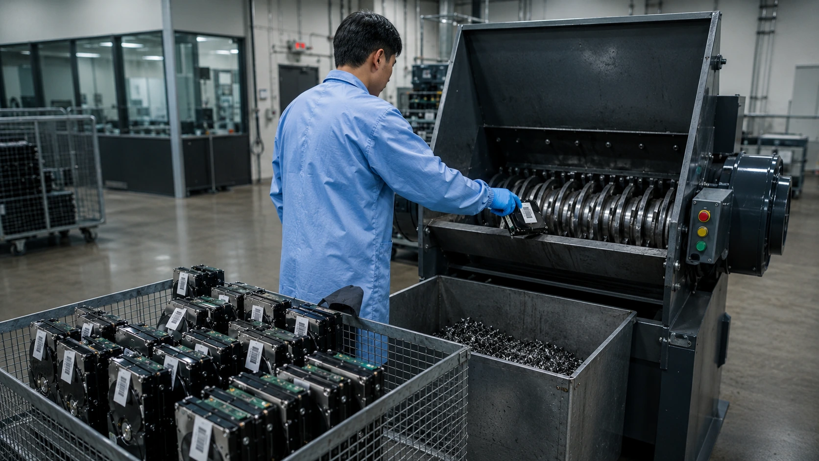 Michael's Global Trading technician at a secure facility executing certified data destruction on hard drives following NIST 800-88 Revision 2 procedures.
