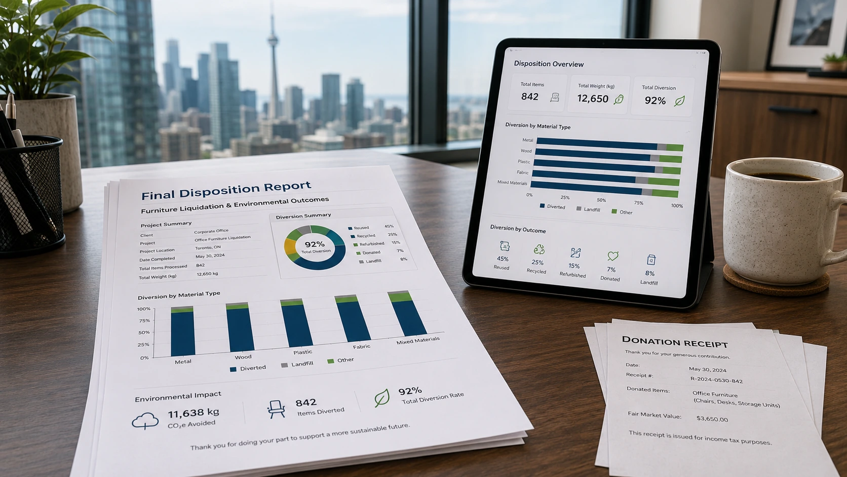 Final disposition report with landfill diversion percentage, Scope 3 carbon estimate, and charitable donation receipts from a Toronto office furniture liquidation engagement.