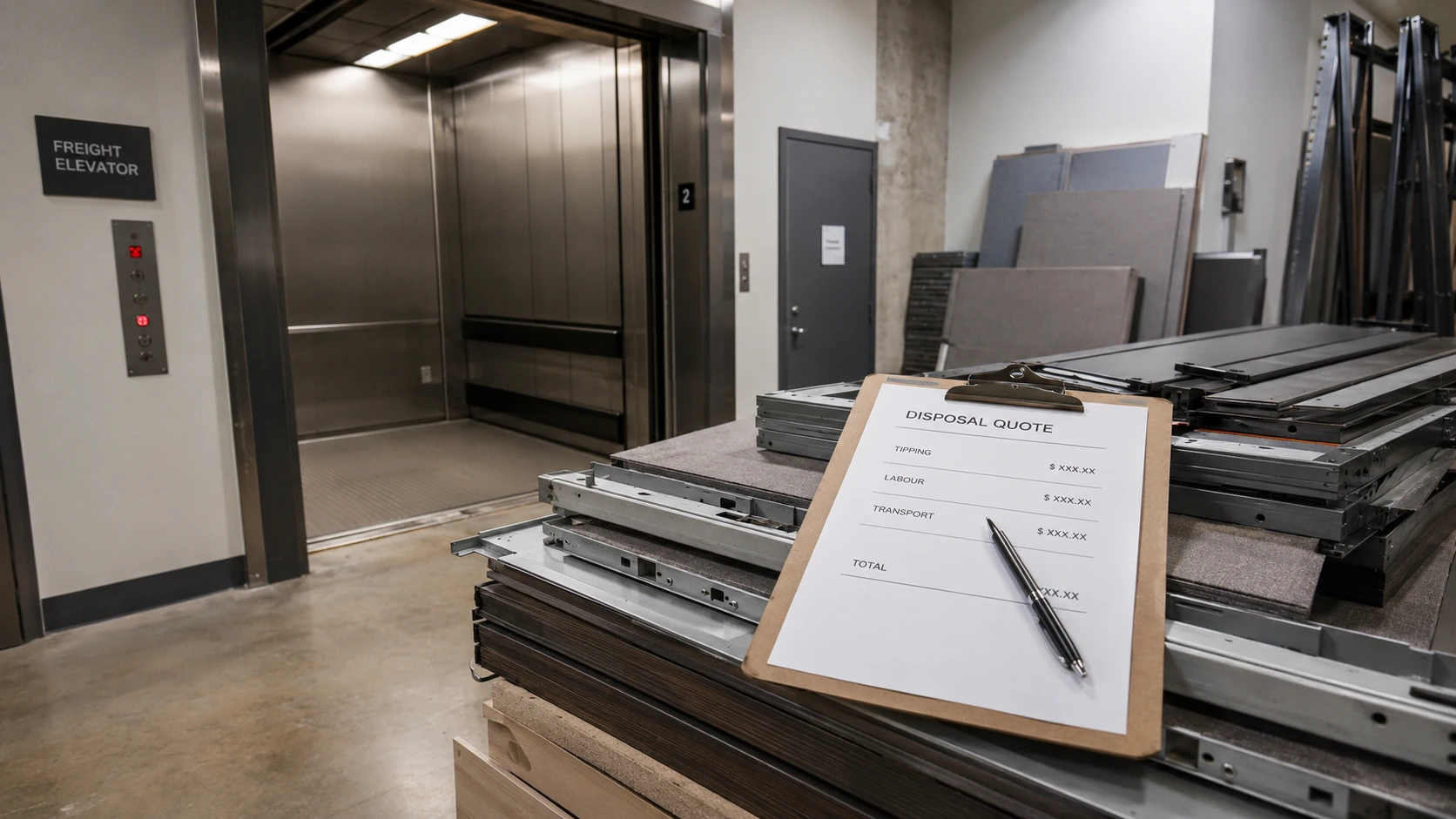 Printed office furniture disposal quote showing tipping, labour, and transport line items on a clipboard in a Toronto commercial building freight elevator lobby.