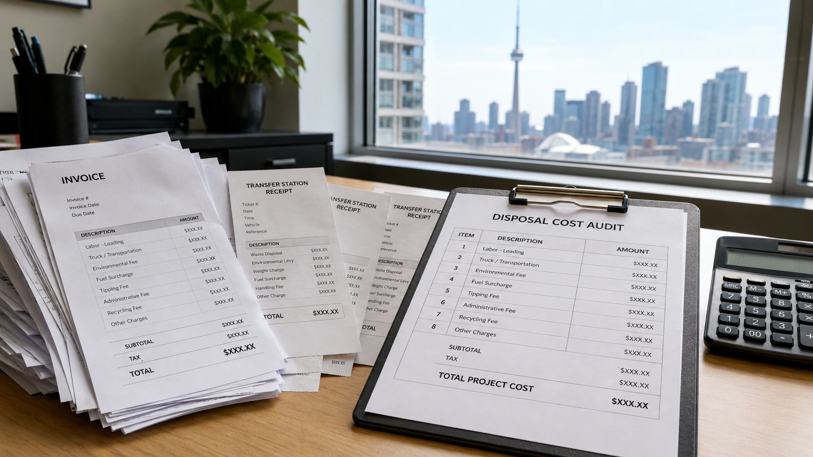 Stacked invoices, transfer station receipts, and itemized billing showing hidden surcharges on an office furniture disposal project in Toronto.