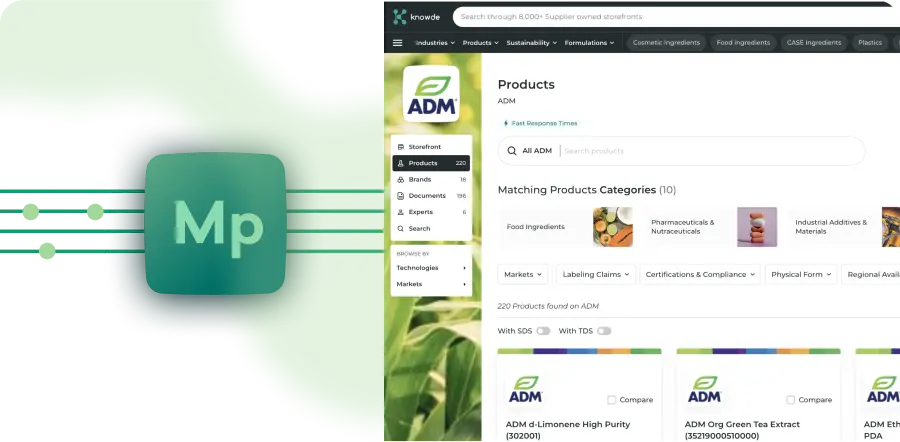 Thumbnail showing the Knowde Marketplace logo connecting to ADM's Knowde Marketplace storefront
