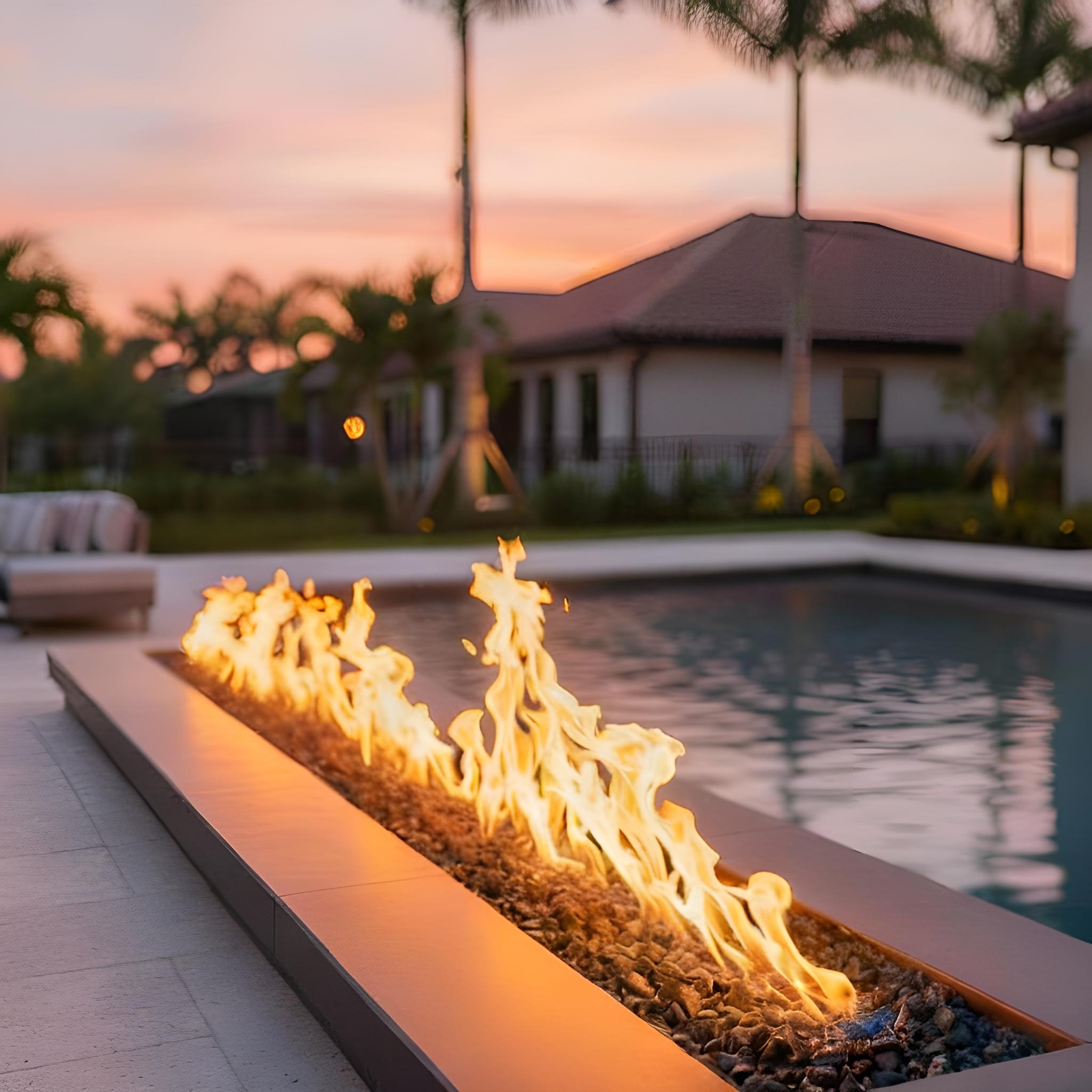 fire pit with swimming pool background