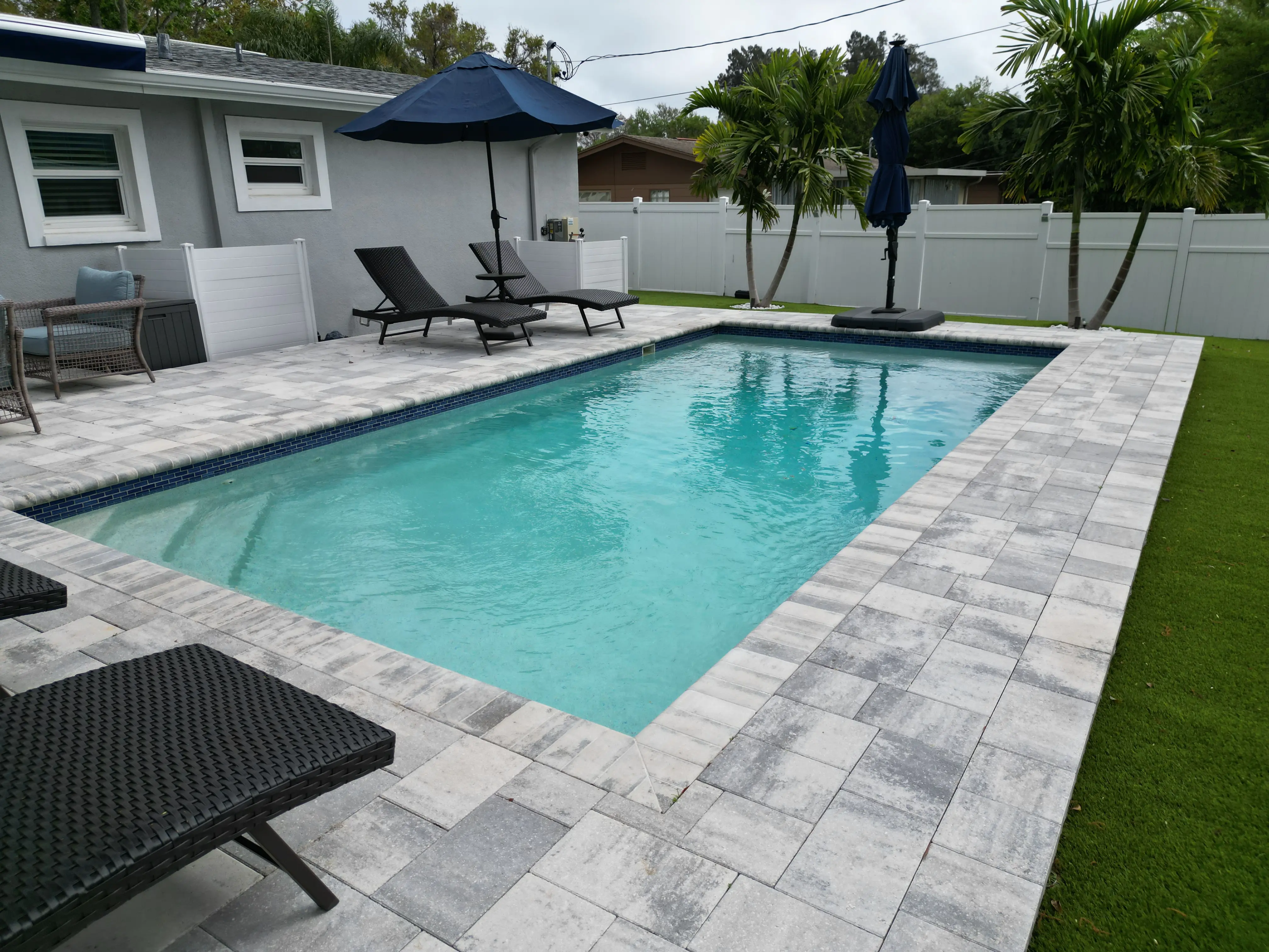 Custom concrete cocktail pool with sunshelf and spa in Tampa Bay
