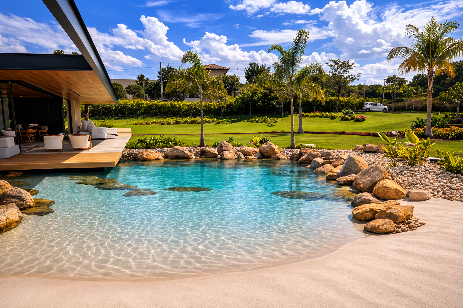 lagoon pool with gradual sand entry slope