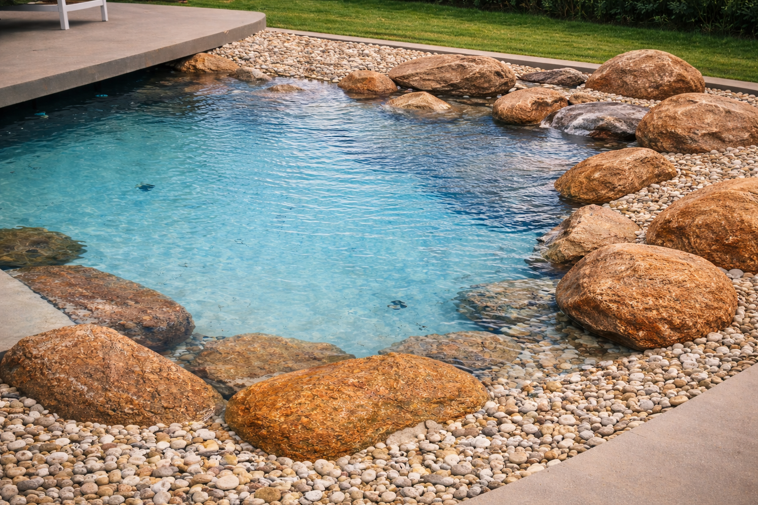 bright blue lagoon water with rock border