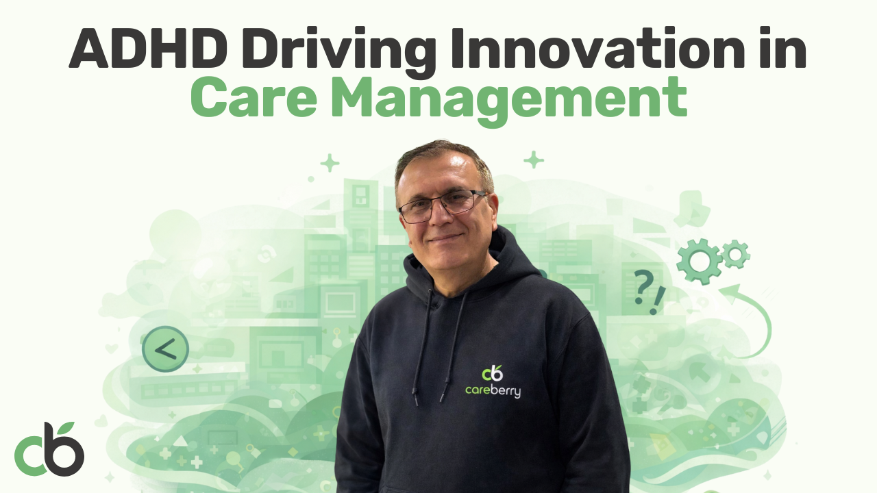 Careberry founder wearing Careberry hoodie, representing ADHD-driven innovation, energy, and optimism in care management technology.