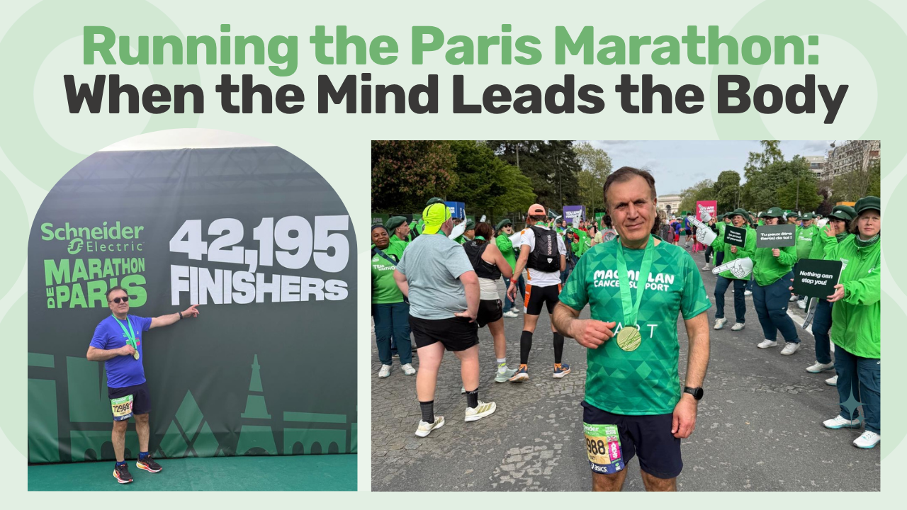 Marathon runner pointing to the board showing distrance completed in KM