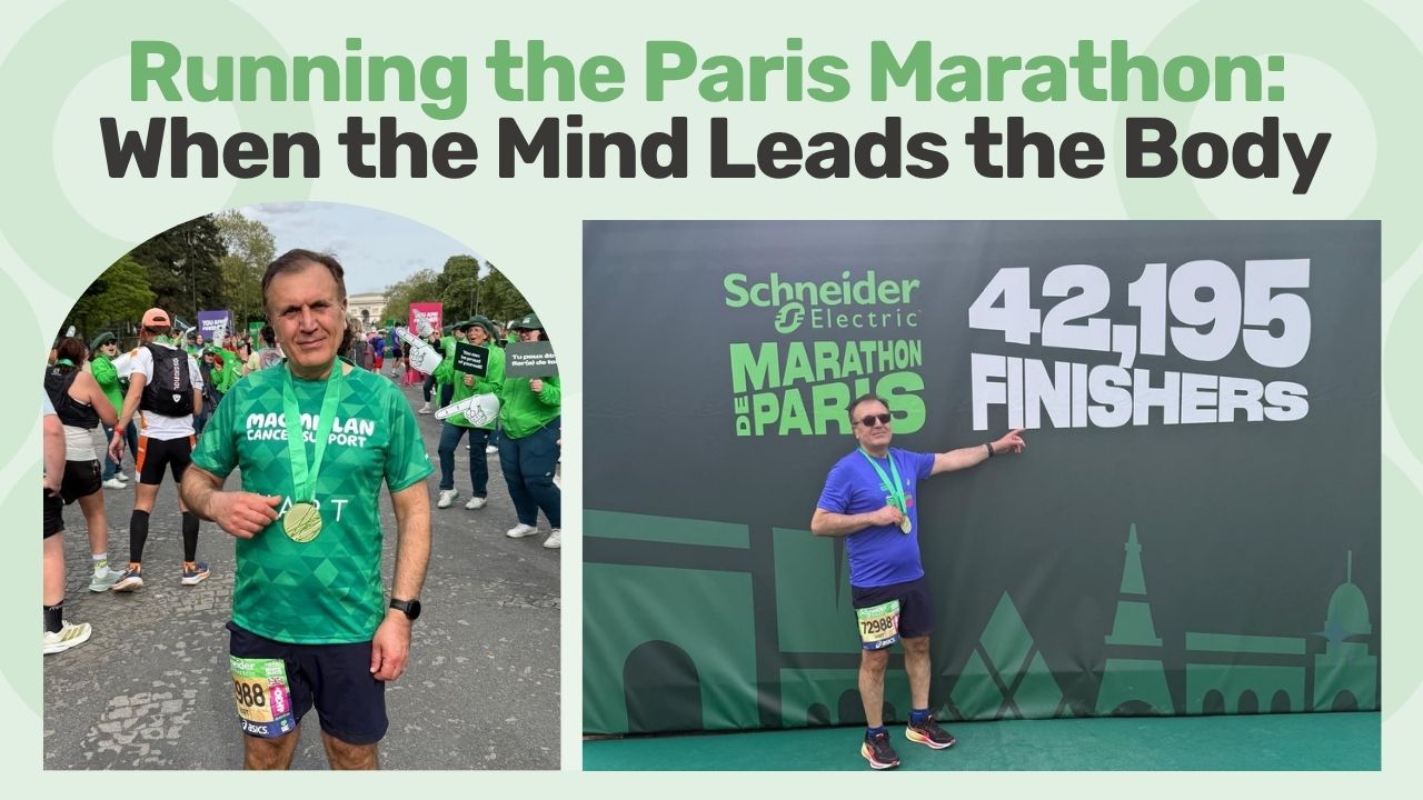 Marathon runner pointing to the board showing distrance completed in KM