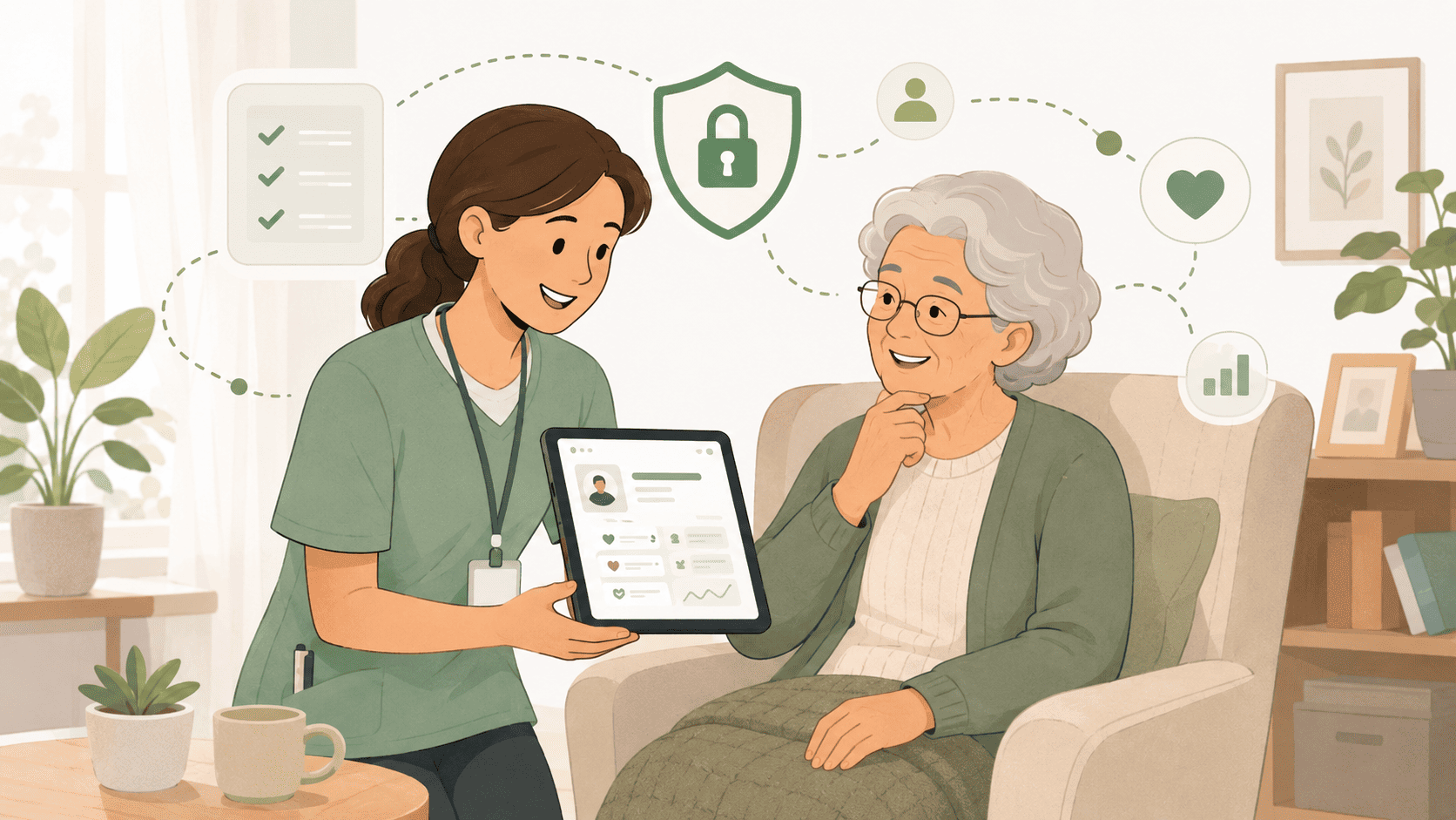 Care worker using an NHS-assured Careberry digital care record on a tablet