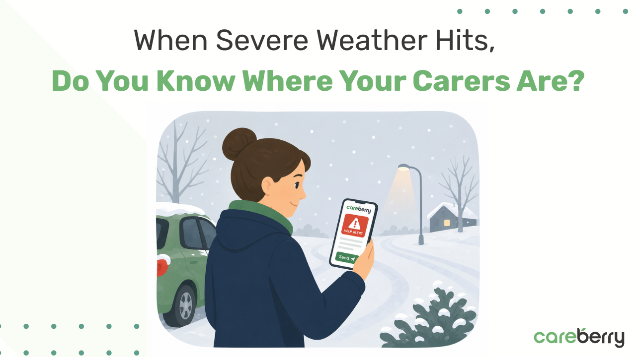 A home carer checks a weather alert on their phone while standing on a snowy residential street beside their car.