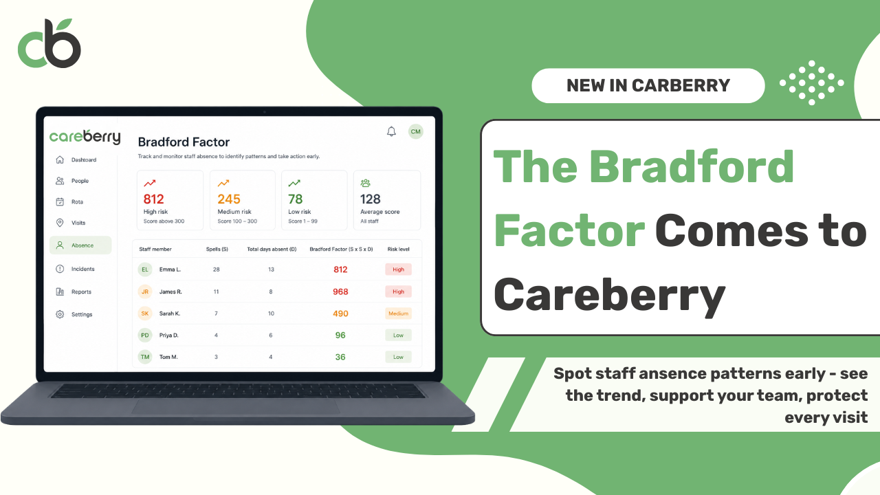 Careberry Bradford Factor feature — six-week staff absence heatmap showing sickness clustering on Mondays, with the formula S × S × D.