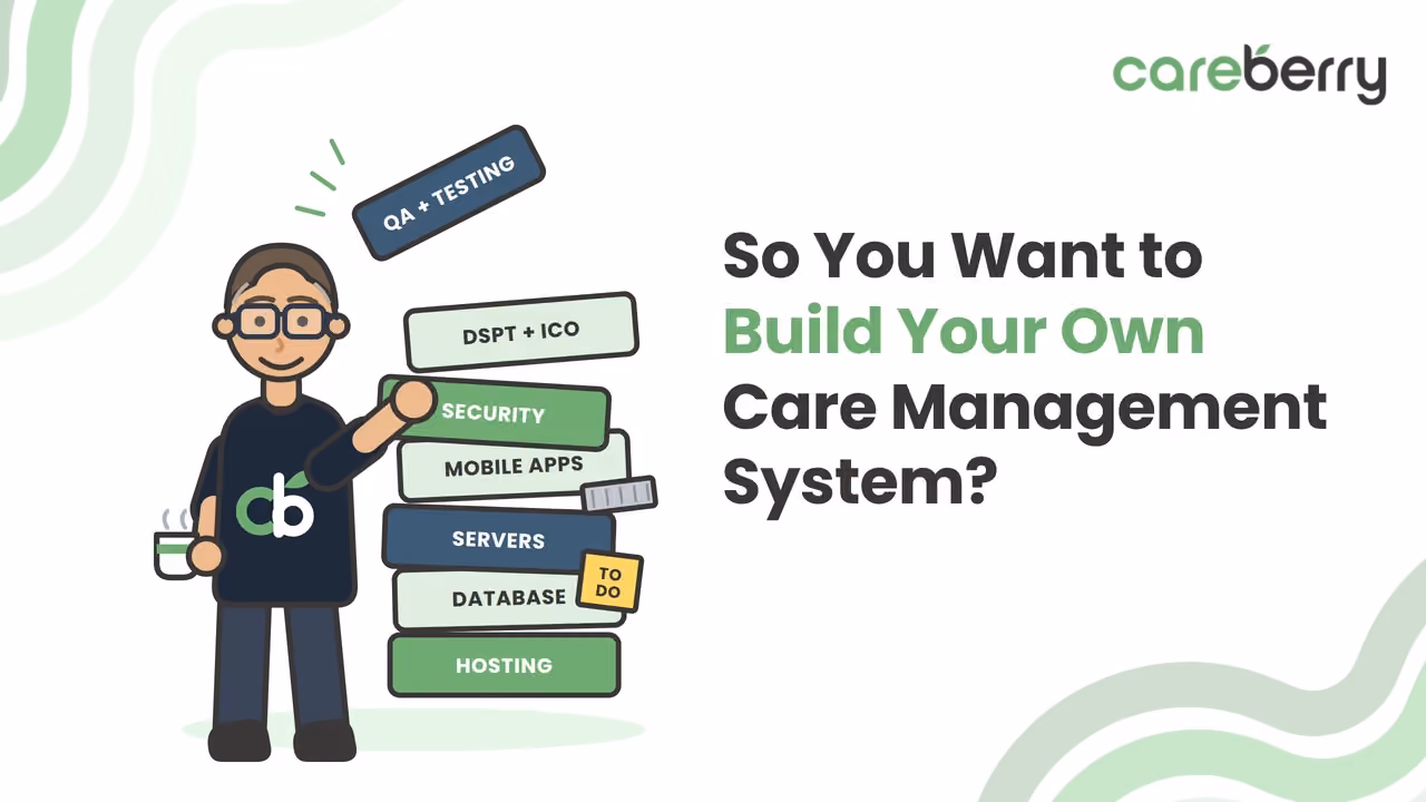 Care management system illustrated as a wobbling tower of blocks, held up by Careberry founder Hossein Sharifi with a mug of tea.