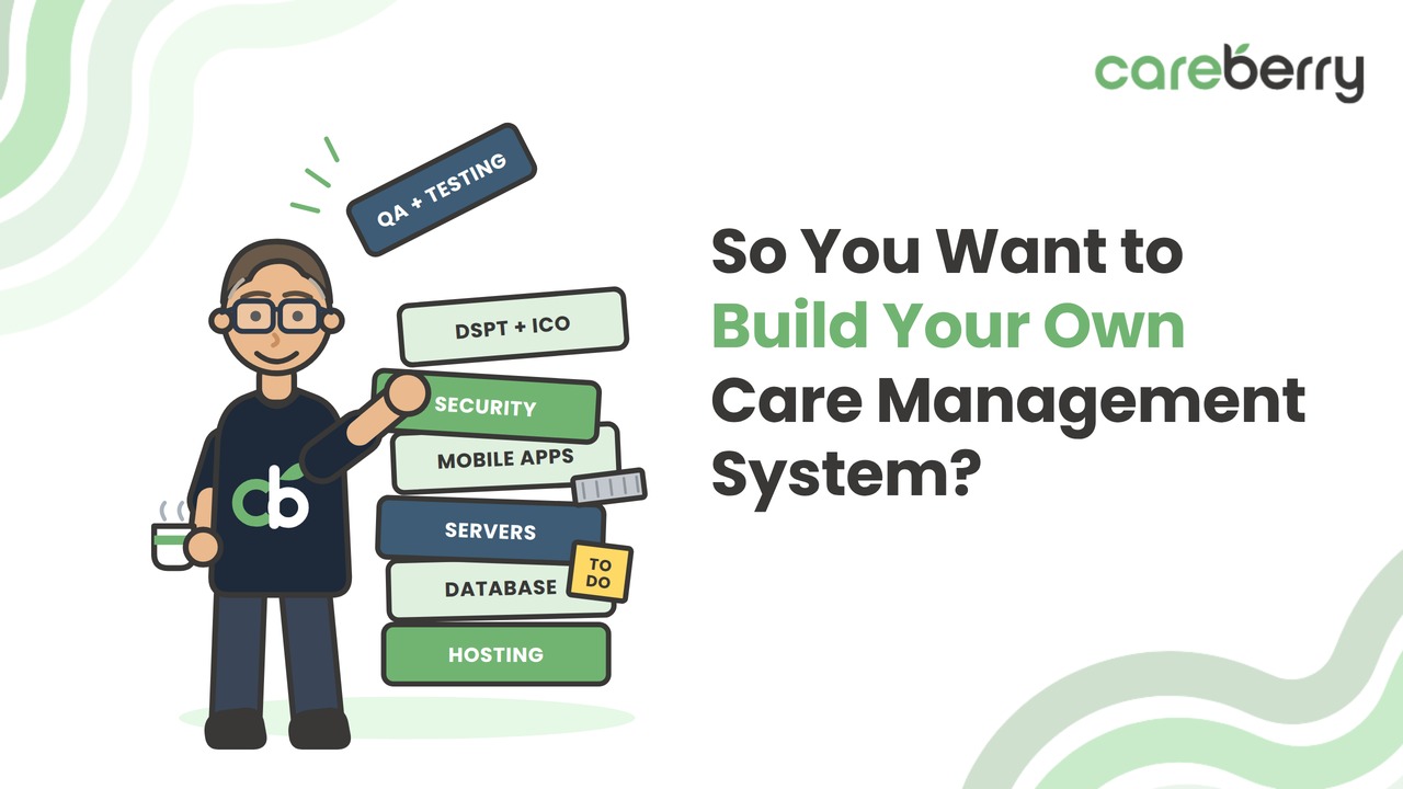 Care management system illustrated as a wobbling tower of blocks, held up by Careberry founder Hossein Sharifi with a mug of tea.