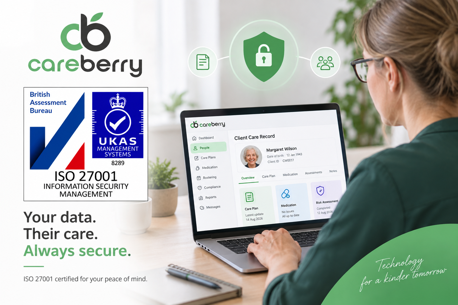 Careberry ISO 27001 certification badge alongside a care manager reviewing secure digital care records on a laptop